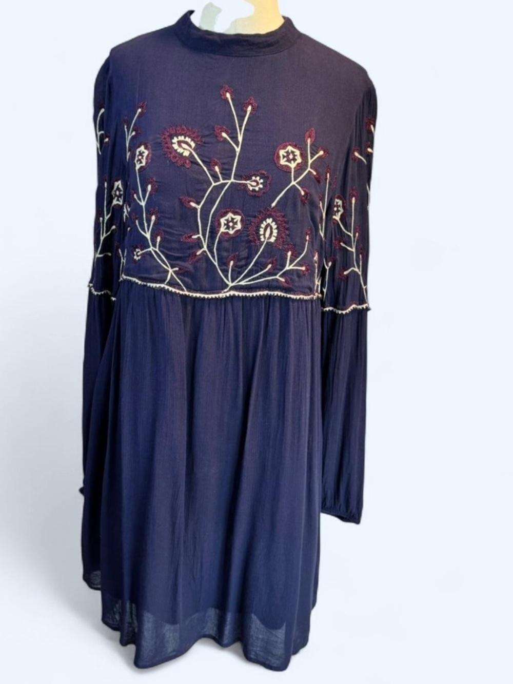Parker Navy Embroidered Long-Sleeve Dress high neck floral embroidery lined